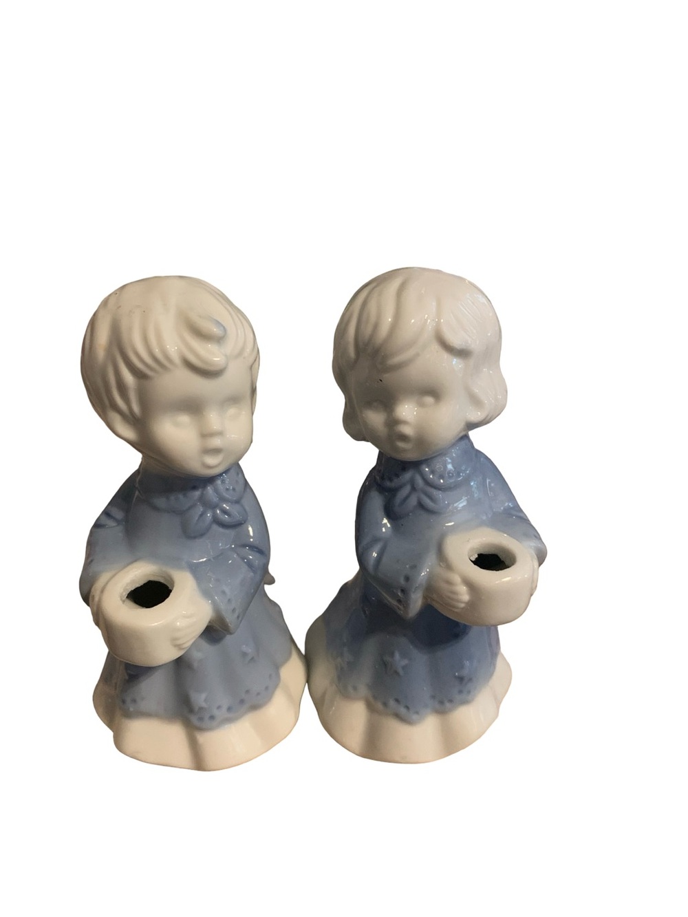 New Vintage Blue &‎ White Porcelain Boy and Girl Figurine Candle Holder Pair  4”
